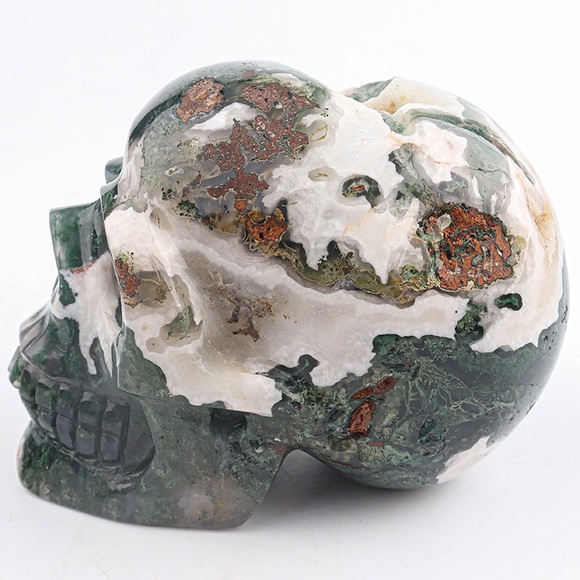 Moss Agate Druzy Geode Skull Carving - Picture 2 of 11